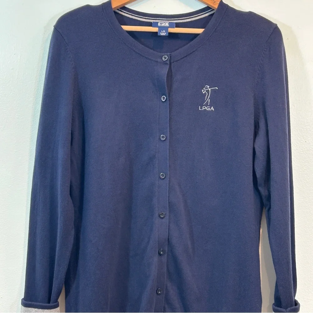 Cutter & Buck Navy Blue Cardigan LPGA Gray Cuffs Women’s Preppy Golf Activewear